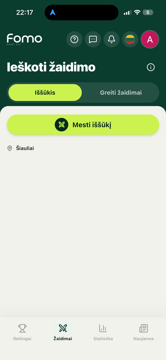 FOMO iššūkio ekranas